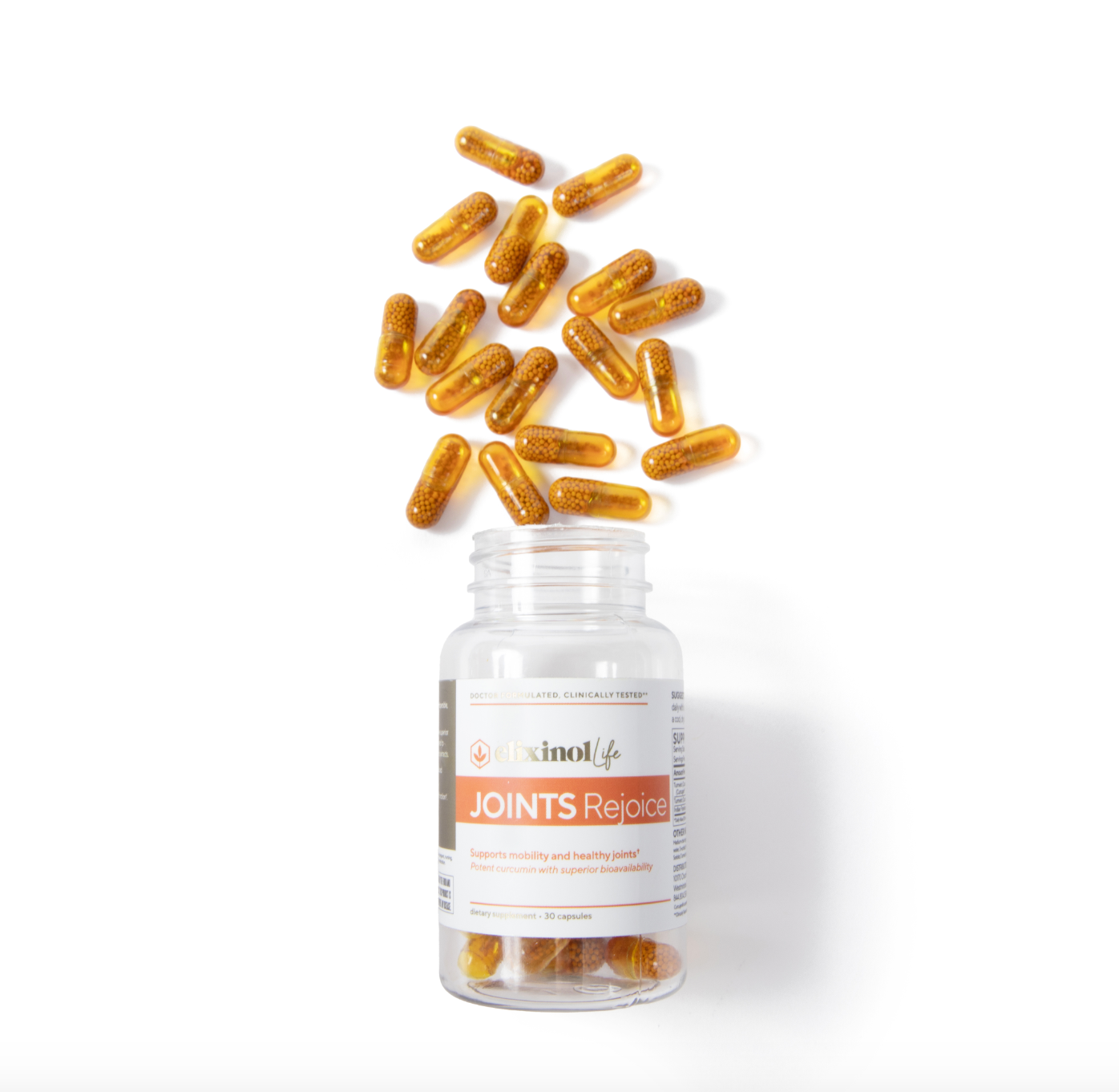 An open container of Elixinol Life's Joints Rejoice with 19 capsules out of the container