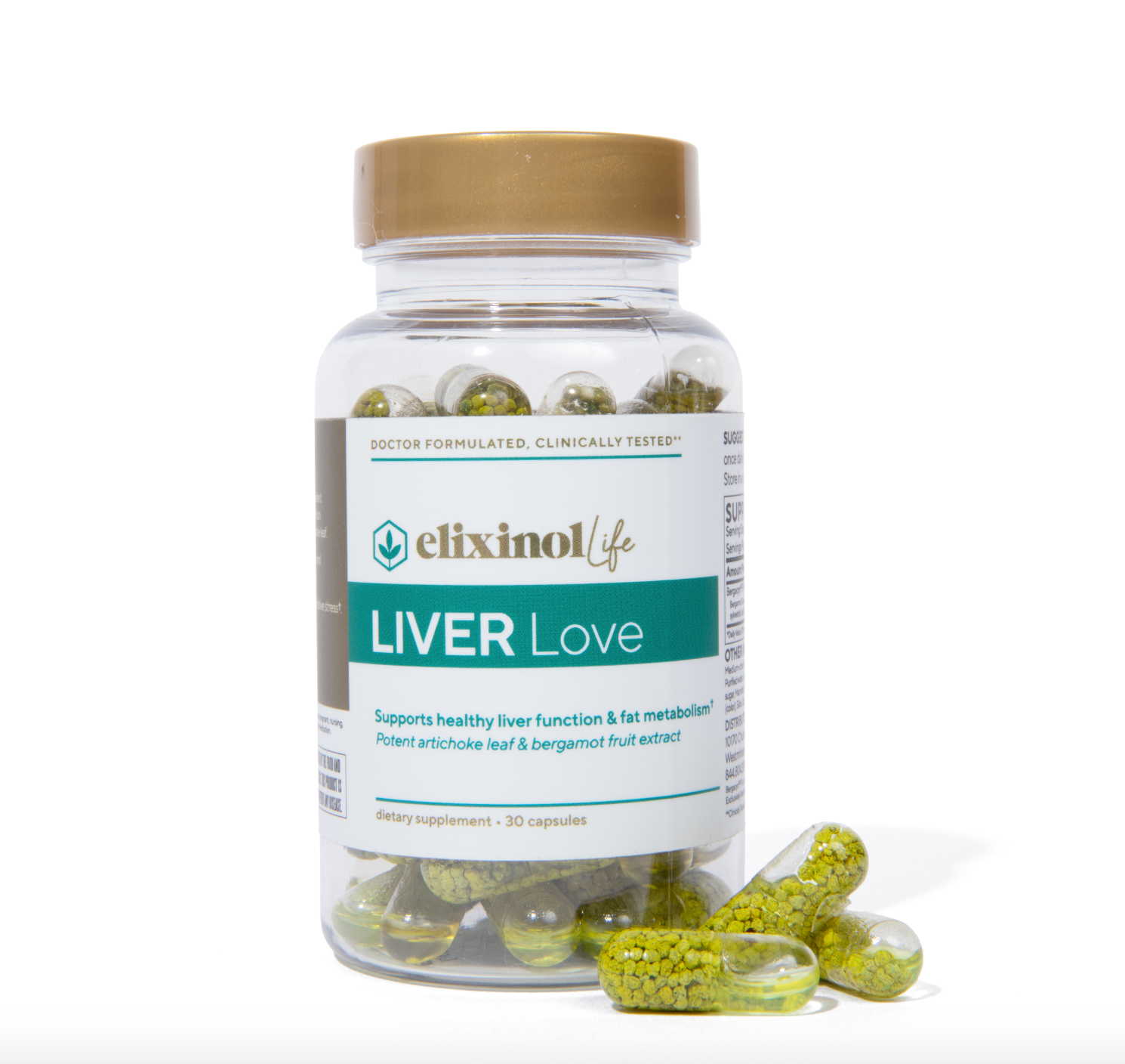 Bottle of Elixinol Life's Liver Love Dietary Supplement with 30 Capsules